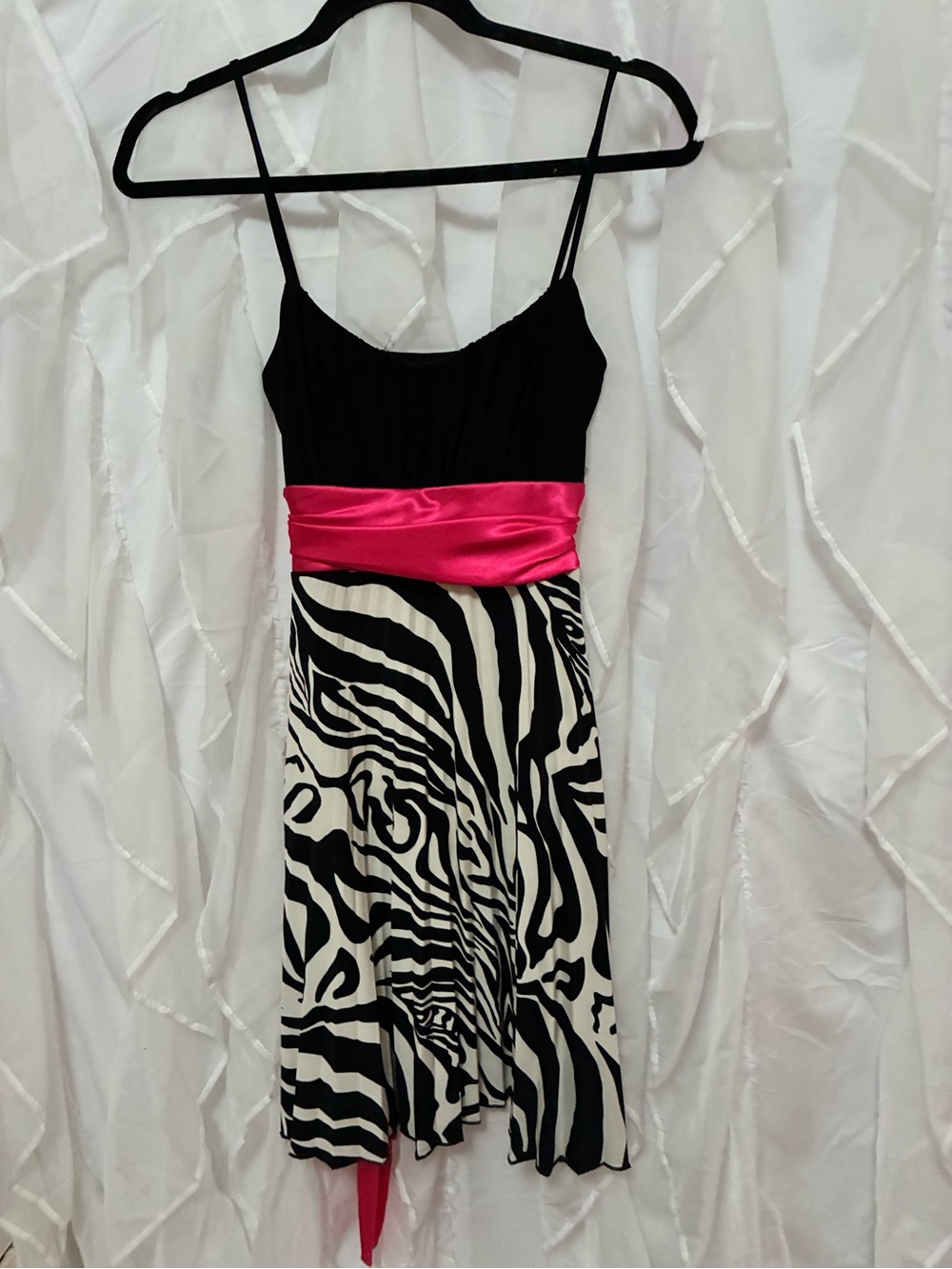 B Darlin Black Bodice Pink Sash Zebra Print Asymmetrical Dress